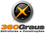 Logotipo com círculo preto e "X" laranja, texto "360 Graus" em laranja e cinza abaixo.