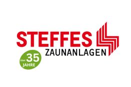 Logo von Steffes Zaunanlagen mit rotem Schriftzug und grünem Kreis für über 35 Jahre Erfahrung.