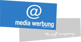 Blaues und graues Logo mit "@ media werbung" und "the gift company".