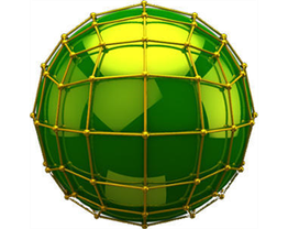 Grüne Kugel mit gelbem Gittermuster auf weißem Hintergrund.