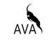 Schwarzes "AVA"-Logo mit abstrakter Antilope auf weißem Hintergrund.