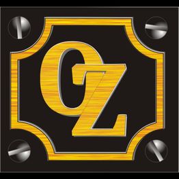 Gelbes "OZ"-Logo auf schwarzem Hintergrund, umgeben von rechteckigem Rahmen mit Schrauben.