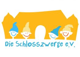 Logo mit vier lachenden Zwergen und dem Schriftzug "Die Schlosszwerge e.V." auf gelbem Hintergrund.