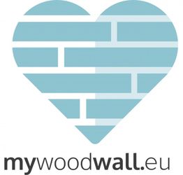 Herz aus blauen Steinen, Text "mywoodwall.eu" darunter.