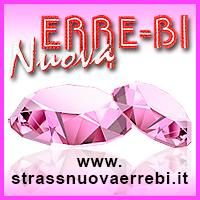 Due gemme rosa con testo "Erre-Bi Nuova" e sito web www.strassnuovaerrebi.it su sfondo rosa.