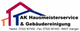 Logo von AK Hausmeisterservice & Gebäudereinigung mit Kontaktinformationen und Symbolen von Häusern.