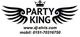 Schwarzes Logo mit Flügeln und Krone, Text: "Party King". Website und Telefonnummer darunter.