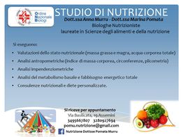 Volantino studio nutrizione con servizi offerti, contatti e simboli di alimenti e sport.
