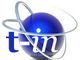 Logo con sfera blu orbitante e testo "t-in" in primo piano.