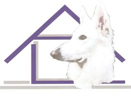 Weißer Hundekopf vor stilisiertem Haus, bestehend aus blauen Dreiecken und grauen Linien.