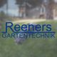 Verblassendes Logo "Reeners Gartentechnik" auf grünem Hintergrund mit unscharfem Gartenmotiv.