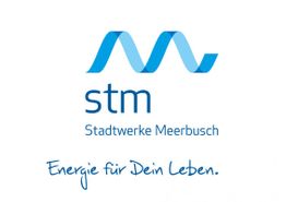 Logo der Stadtwerke Meerbusch mit blauem Bandmotiv und Slogan „Energie für Dein Leben.“