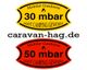 Gelbe und rote Plaketten für mobilen Gasdienst, 30 mbar und 50 mbar, Website: caravan-hag.de.