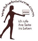 Silhouette einer Frau mit Computer, Text: "webhebamme.com - ich rufe ihre Seite ins Leben".