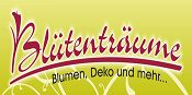 Blütenträume-Logo auf grünem Hintergrund mit Slogan "Blumen, Deko und mehr".