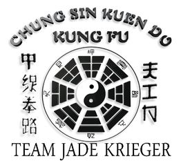 Logo mit Yin-Yang-Symbol, chinesischen Zeichen und den Texten "Chung Sin Kuen Do Kung Fu", "Team Jade Krieger".