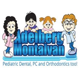 Cartoon characters with "Adelberg Montalvan" text, promoting pediatric dentistry and orthodontics.