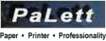 Schwarzes Logo mit "PaLett" in Weiß. Darunter: "Paper • Printer • Professionalilty" in Schwarz.