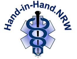 Logo von Hand-in-Hand.NRW mit Äskulapstab und zwei Schlangen vor einem blauen Stern.