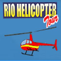 Helicóptero vermelho com faixa amarela, texto "Rio Helicopter Tour" em fundo azul.