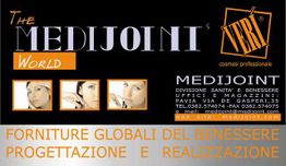 Banner pubblicitario "Medijoint" con immagini di volti e testo su benessere e progettazione.