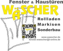 Textgrafik: Fenster & Haustüren Wäscher, Rolladen, Markisen, Sonderbau, mit QR-Code und Kontaktdaten.