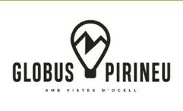 Logotipo en blanco y negro de un globo aerostático con montañas. Texto: Globus Pirineu.