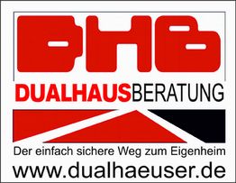Logo von "Dualhaus Beratung" mit Slogan und Webseite: www.dualhaeuser.de.