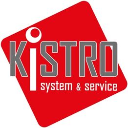 Rotes Logo mit dem weißen Text "KISTRO system & service" auf einem gekippten Quadrat.