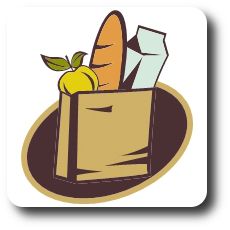 Einkaufstüte mit Brot, Milch und Apfel.