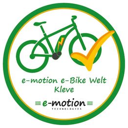 Grünes E-Bike-Logo mit Haken, Text: "e-motion e-Bike Welt Kleve, e-motion TECHNOLOGIES".