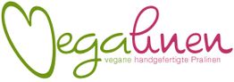 Veganes Pralinen-Logo in Grün und Pink mit Herzmotiv und Schriftzug "Vegalinen".
