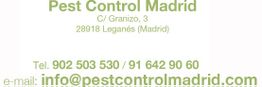 Texto de contacto de Pest Control Madrid con dirección, teléfonos y correo electrónico.