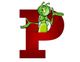 Cartoon green bug leaning on a large red letter "P".