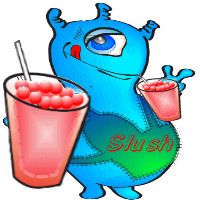 Blaues Alien hält zwei rosa Slush-Getränke, trägt ein Shirt mit "Slush" darauf.