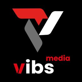 Logo von Vibs Media auf schwarzem Hintergrund mit roten, weißen und grauen grafischen Elementen.