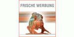 Illustration eines orangefarbenen Frosches mit Muster, darüber steht „Frische Werbung“.