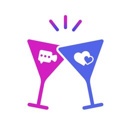 Two colorful martini glasses with icons clinking together, symbolizing connection and love.