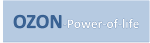 Blaues Logo mit der Aufschrift "OZON Power-of-life" auf hellblauem Hintergrund.