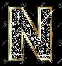 Buchstabe "N" in Goldrahmen mit floralen Mustern und funkelnden Elementen auf schwarzem Hintergrund.