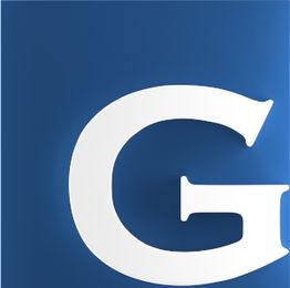 Weißer Buchstabe "G" auf dunkelblauem Hintergrund.