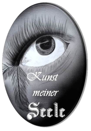 Schwarz-weiß Zeichnung eines Auges mit dem Text "Kunst meiner Seele" in kunstvoller Schrift.