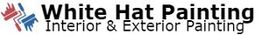 Logo of White Hat Painting, Interior & Exterior Painting services, with red and blue paint swatches.