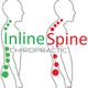 Side view outlines with spine alignment dots, "Inline Spine Chiropractic" text in green and red.