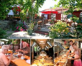 Gartenrestaurant mit Terrasse, zwei ältere Personen beim Essen, Buffet mit zwei Gästen.