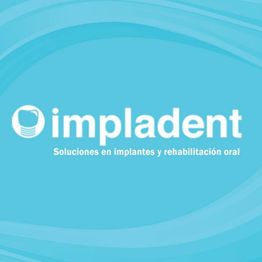 Logotipo de Impladent en fondo azul, con texto "Soluciones en implantes y rehabilitación oral".