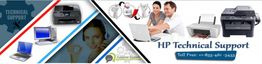 HP Technical Support banner with laptops, printers, and customer service contact info.