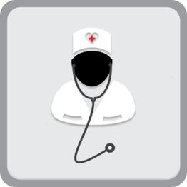 Icono de médico con gorro de enfermería y estetoscopio en fondo gris.