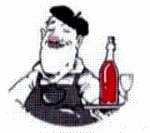 Zeichnung eines Mannes in Schürze mit Weinflasche und Glas auf Tablett.