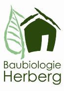 Logo mit grünem Blatt, Haus und Text "Baubiologie Herberg".